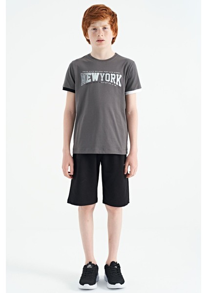 Koyu Gri Yazı Baskılı Standart Kalıp O Yaka Erkek Çocuk T-Shirt - 11105 fiyatları