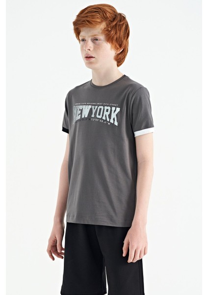 Koyu Gri Yazı Baskılı Standart Kalıp O Yaka Erkek Çocuk T-Shirt - 11105