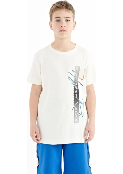 Ekru Yazı Baskılı O Yaka Standart Kalıp Erkek Çocuk T-Shirt - 11119