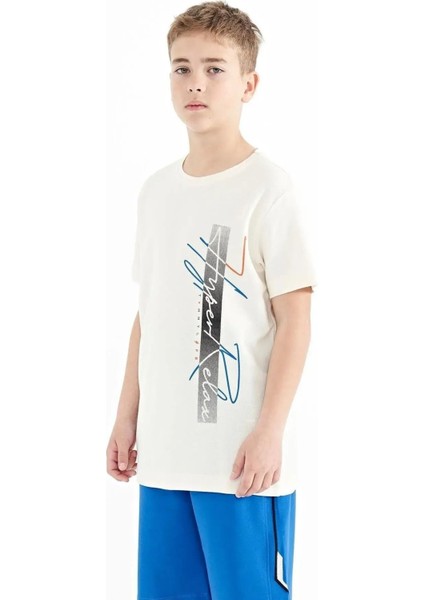 Ekru Yazı Baskılı O Yaka Standart Kalıp Erkek Çocuk T-Shirt - 11119 indirimleri