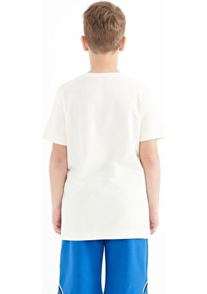 Ekru Yazı Baskılı O Yaka Standart Kalıp Erkek Çocuk T-Shirt - 11119