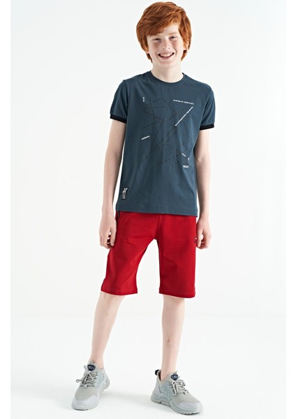 Orman Yeşili Minimal Yazı Baskılı Standart Kalıp O Yaka Erkek Çocuk T-Shirt - 11132 indirimleri