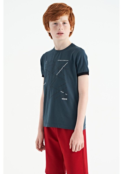 Orman Yeşili Minimal Yazı Baskılı Standart Kalıp O Yaka Erkek Çocuk T-Shirt - 11132