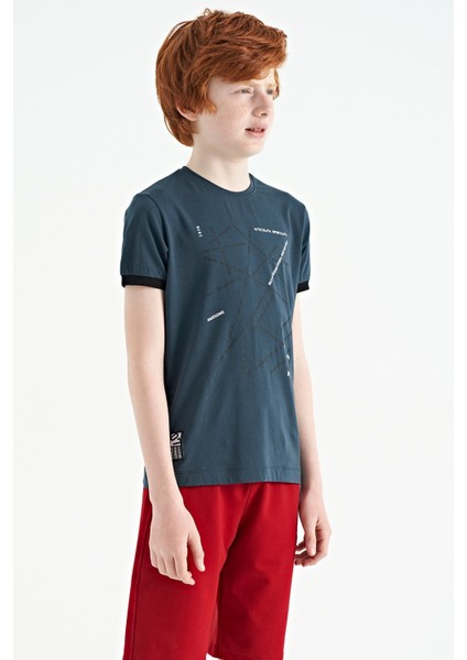 Orman Yeşili Minimal Yazı Baskılı Standart Kalıp O Yaka Erkek Çocuk T-Shirt - 11132