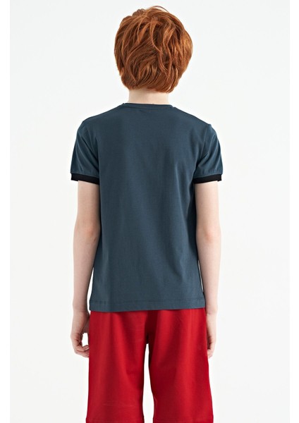 Orman Yeşili Minimal Yazı Baskılı Standart Kalıp O Yaka Erkek Çocuk T-Shirt - 11132