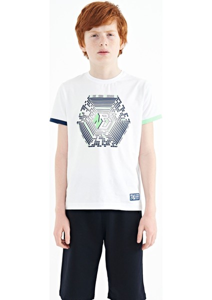 Beyaz Kol Ucu Renkli Detaylı Baskılı Standart Kalıp Erkek Çocuk T-Shirt - 11156