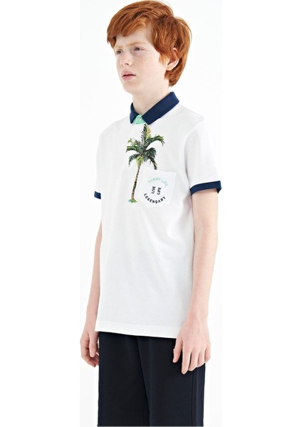 Beyaz Baskılı Cep Detaylı Standart Kalıp Polo Yaka Erkek Çocuk T-Shirt - 11144
