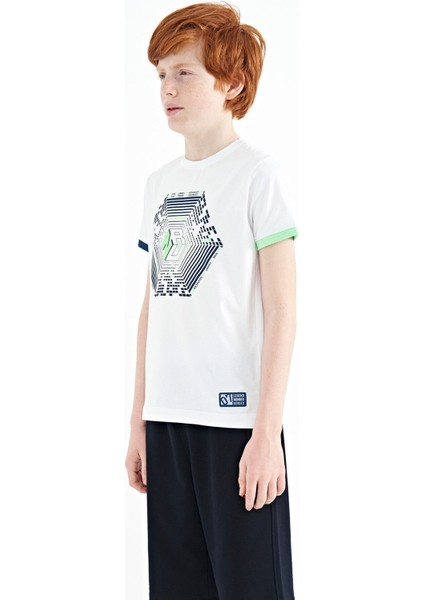 Beyaz Kol Ucu Renkli Detaylı Baskılı Standart Kalıp Erkek Çocuk T-Shirt - 11156 modelleri