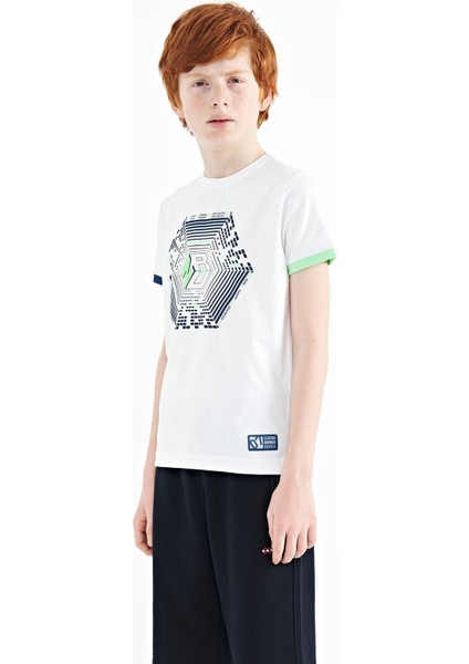 Beyaz Kol Ucu Renkli Detaylı Baskılı Standart Kalıp Erkek Çocuk T-Shirt - 11156 fırsatları