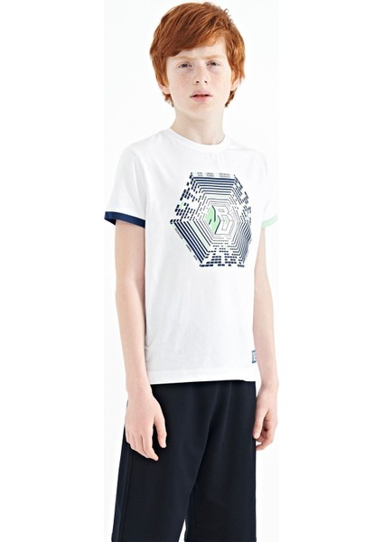 Beyaz Kol Ucu Renkli Detaylı Baskılı Standart Kalıp Erkek Çocuk T-Shirt - 11156