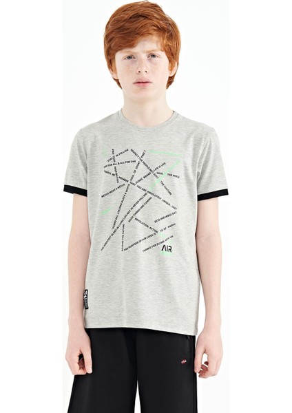 Tommy Life Gri Melanj Minimal Yazı Baskılı Standart Kalıp O Yaka Erkek Çocuk T-Shirt - 11132