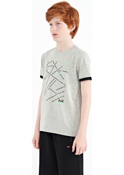 Tommy Life Gri Melanj Minimal Yazı Baskılı Standart Kalıp O Yaka Erkek Çocuk T-Shirt - 11132