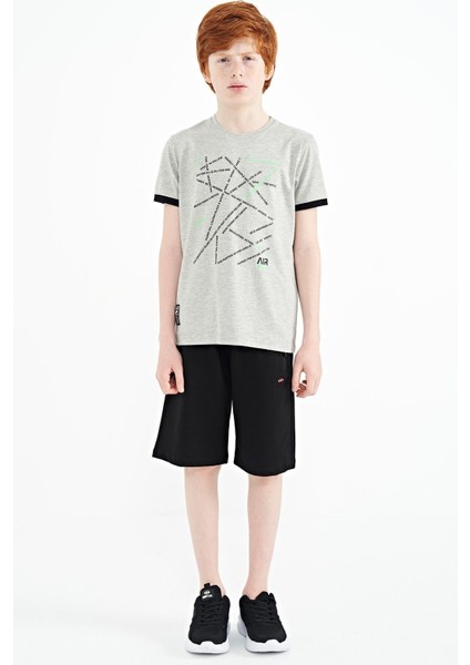 Tommy Life Gri Melanj Minimal Yazı Baskılı Standart Kalıp O Yaka Erkek Çocuk T-Shirt - 11132