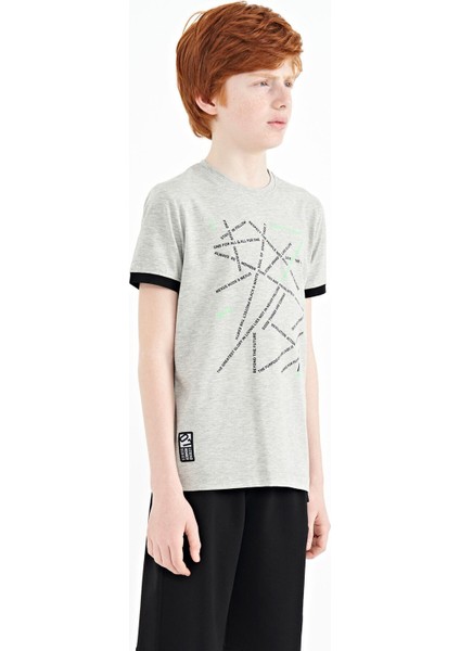 Tommy Life Gri Melanj Minimal Yazı Baskılı Standart Kalıp O Yaka Erkek Çocuk T-Shirt - 11132