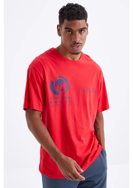 Tommy Life Kırmızı Minimal Baskılı O Yaka Erkek Oversize T-Shirt  - 88096