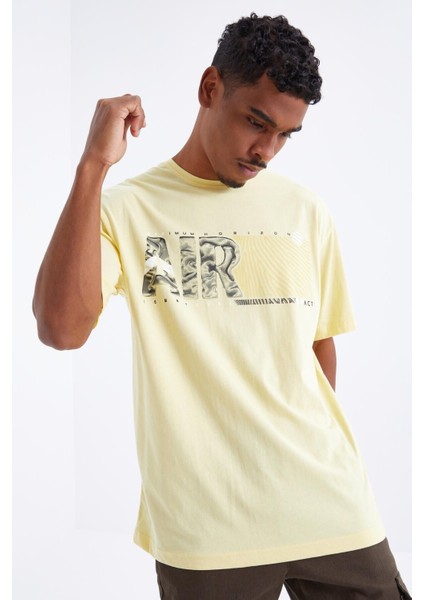 Sarı Air Baskılı O Yaka Erkek Oversize T-Shirt - 88097