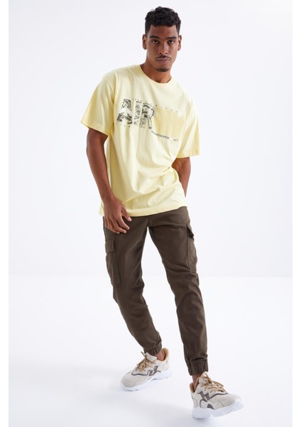 Sarı Air Baskılı O Yaka Erkek Oversize T-Shirt - 88097