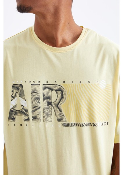 Sarı Air Baskılı O Yaka Erkek Oversize T-Shirt - 88097