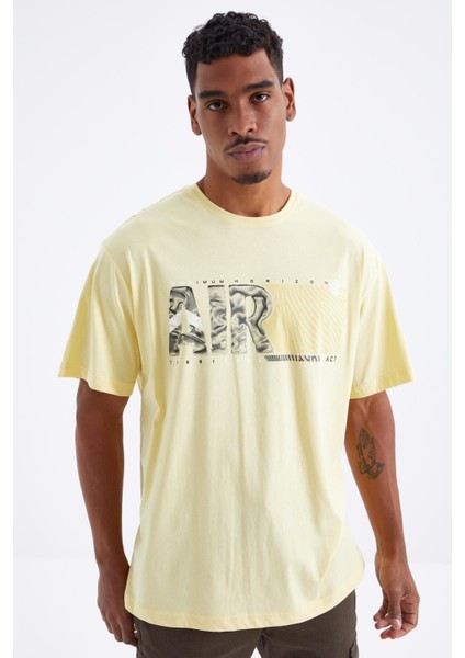Sarı Air Baskılı O Yaka Erkek Oversize T-Shirt - 88097