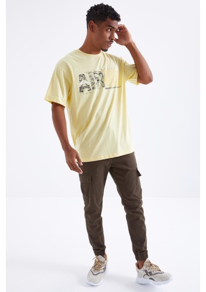 Sarı Air Baskılı O Yaka Erkek Oversize T-Shirt - 88097