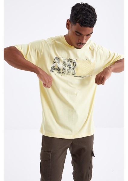 Sarı Air Baskılı O Yaka Erkek Oversize T-Shirt - 88097