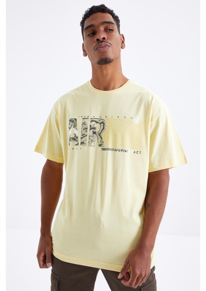 Sarı Air Baskılı O Yaka Erkek Oversize T-Shirt - 88097