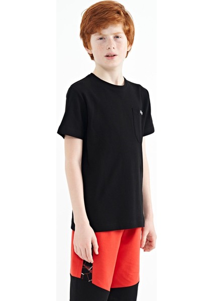 Siyah Cep Detaylı O Yaka Standart Kalıp Erkek Çocuk T-Shirt - 11120