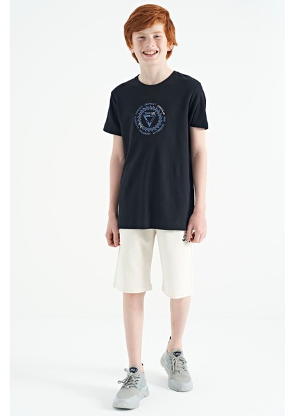 Lacivert Nakış İşleme Detaylı O Yaka Standart Kalıp Erkek Çocuk T-Shirt - 11115