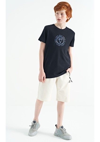 Lacivert Nakış İşleme Detaylı O Yaka Standart Kalıp Erkek Çocuk T-Shirt - 11115