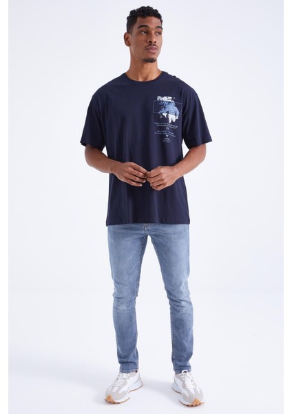 Lacivert Baskı Detaylı O Yaka Erkek Oversize T-Shirt - 88099