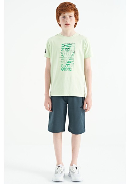 Açık Yeşil Ön Baskı Detaylı O Yaka Standart Kalıp Erkek Çocuk T-Shirt - 11099