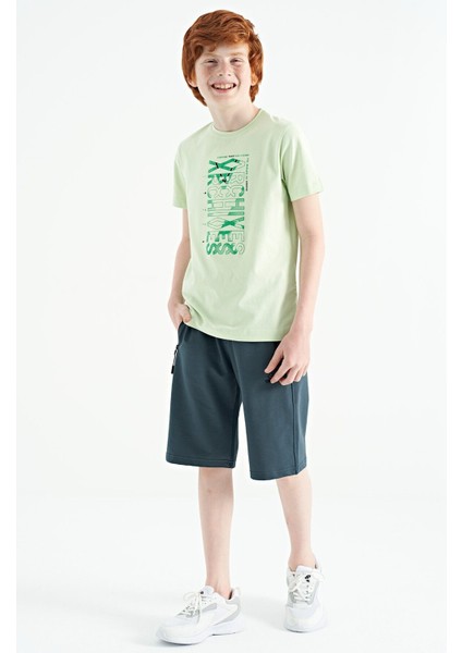 Açık Yeşil Ön Baskı Detaylı O Yaka Standart Kalıp Erkek Çocuk T-Shirt - 11099