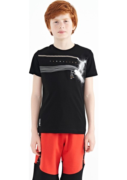 Siyah Baskı Detaylı Standart Kalıp O Yaka Erkek Çocuk T-Shirt - 11133