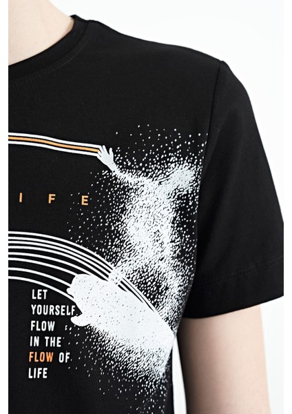 Siyah Baskı Detaylı Standart Kalıp O Yaka Erkek Çocuk T-Shirt - 11133 modelleri