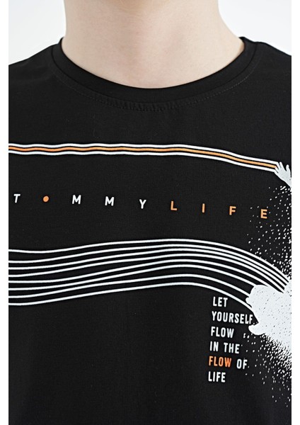 Siyah Baskı Detaylı Standart Kalıp O Yaka Erkek Çocuk T-Shirt - 11133 fırsatları