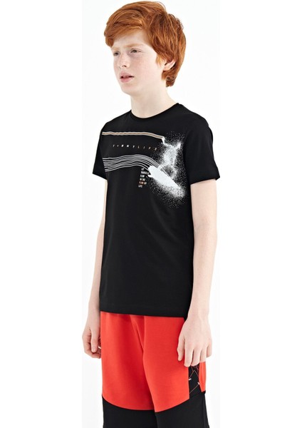 Siyah Baskı Detaylı Standart Kalıp O Yaka Erkek Çocuk T-Shirt - 11133