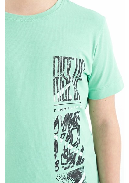 Su Yeşili Baskı Detaylı O Yaka Standart Kalıp Erkek Çocuk T-Shirt - 11104