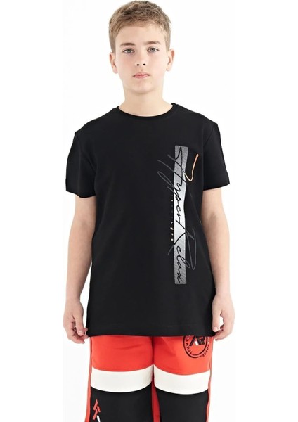Siyah Yazı Baskılı O Yaka Standart Kalıp Erkek Çocuk T-Shirt - 11119