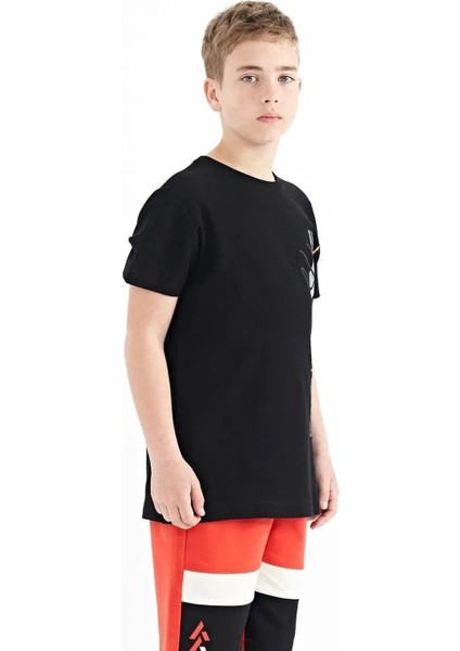 Siyah Yazı Baskılı O Yaka Standart Kalıp Erkek Çocuk T-Shirt - 11119 indirimleri