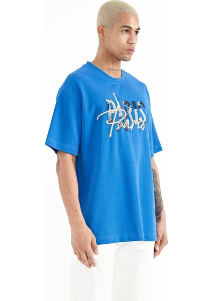 Tommy Life Saks Yazı Nakışlı O Yaka Oversize Erkek T-Shirt - 88223