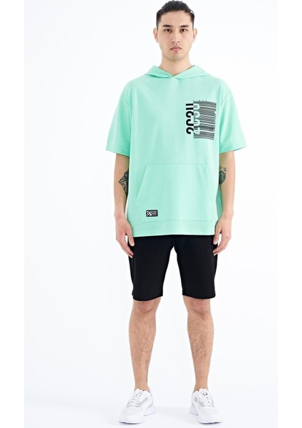 Su Yeşili Kapüşonlu Baskılı Kanguru Cepli Oversize Erkek T-shirt - 88196
