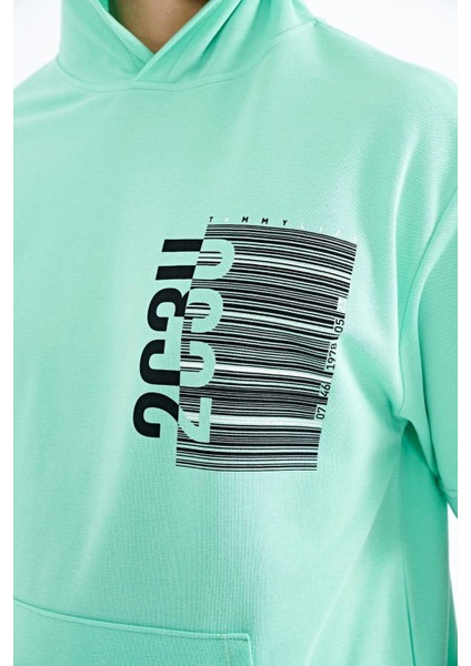 Su Yeşili Kapüşonlu Baskılı Kanguru Cepli Oversize Erkek T-shirt - 88196