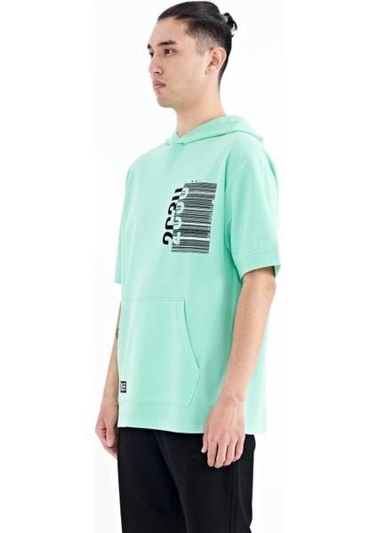Su Yeşili Kapüşonlu Baskılı Kanguru Cepli Oversize Erkek T-shirt - 88196
