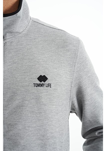 Tommy Life Tommy Life  Gri Melanj - Siyah Logo Nakışlı Dik Yaka Fermuarlı Gizli Cep Detaylı Erkek Eşofman Takım - 85201