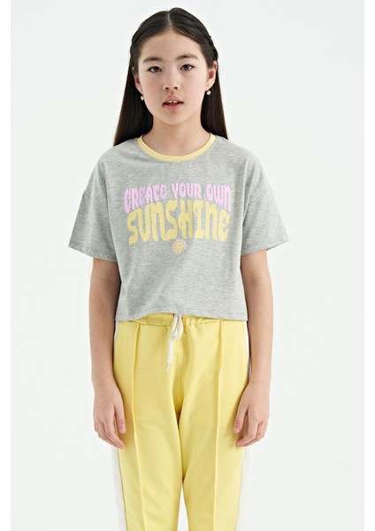 Gri Melanj Renkli Yazı Baskılı O Yaka Oversize Kısa Kollu Kız Çocuk T-Shirt - 75111
