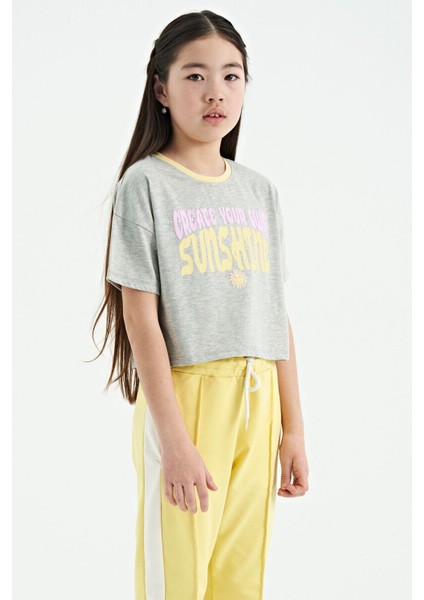 Gri Melanj Renkli Yazı Baskılı O Yaka Oversize Kısa Kollu Kız Çocuk T-Shirt - 75111