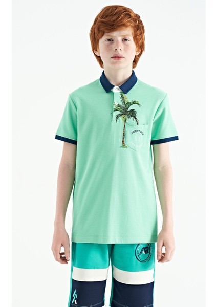 Su Yeşili Baskılı Cep Detaylı Standart Kalıp Polo Yaka Erkek Çocuk T-Shirt - 11144