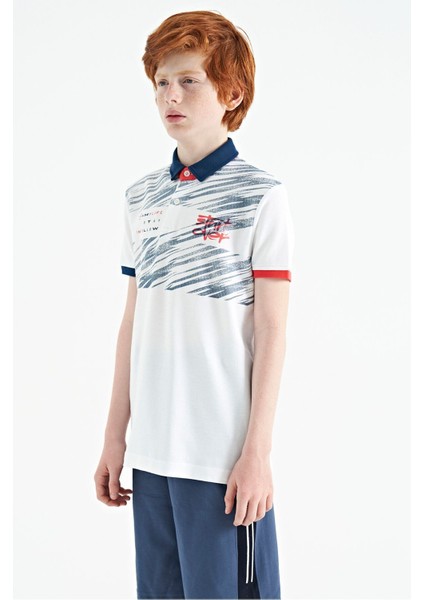 Beyaz Baskı Detaylı Pola Yaka Standart Kalıp Erkek Çocuk T-Shirt - 11161