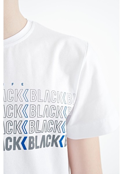 Beyaz Yazı Baskılı O Yaka Standart Kalıp Erkek Çocuk T-Shirt - 11149 modelleri