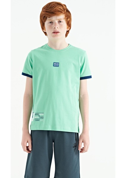 Su Yeşili Baskılı Standart Kalıp O Yaka Erkek Çocuk T-Shirt - 11097